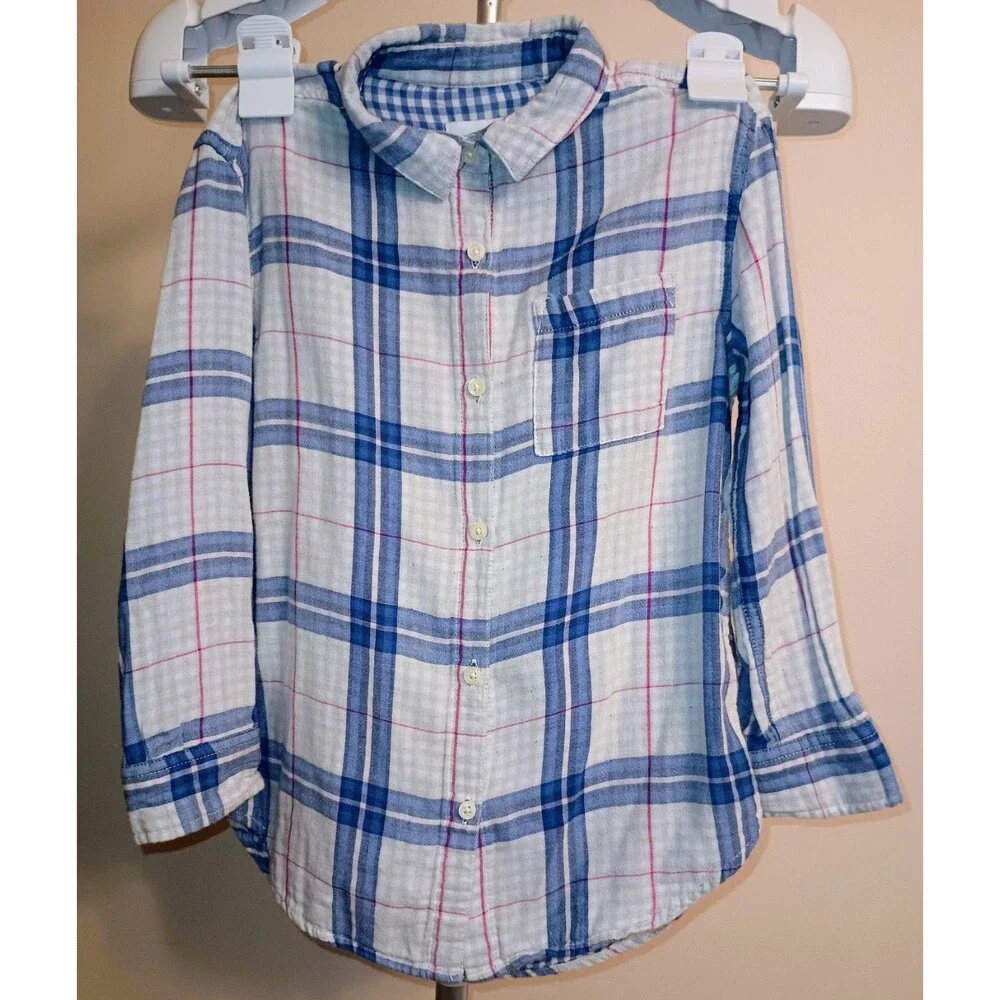 Old Navy Girls S (6-7) Blue White Pink Plaid Long Sleeve Collared Button-Up